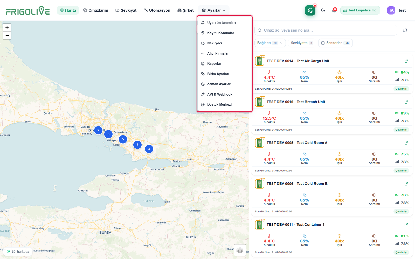 Üst gezinme çubuğunda açık Ayarlar menüsü