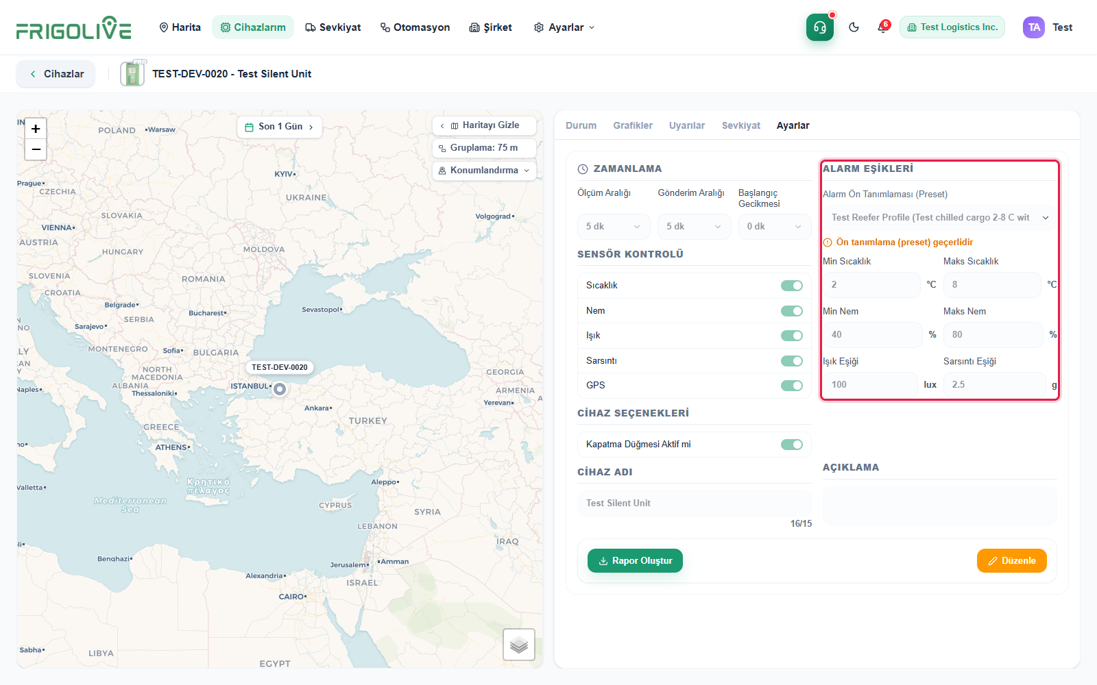 Cihaz ayarlarında Alarm Eşikleri bölümü