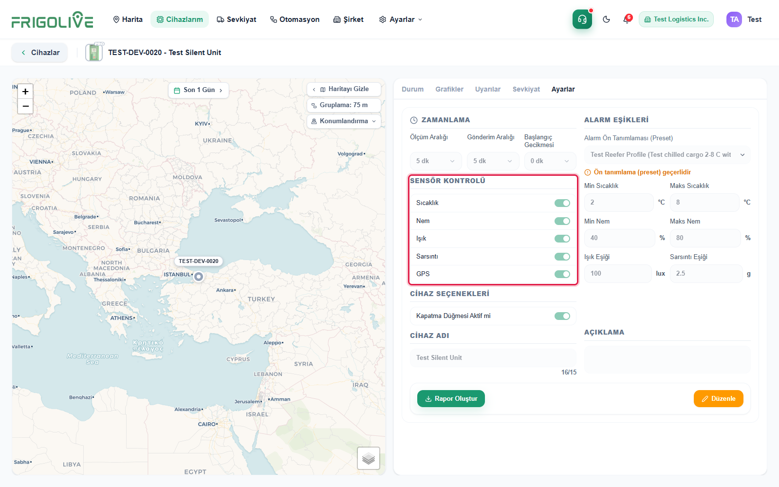 Cihaz ayarlarında sensör anahtarları