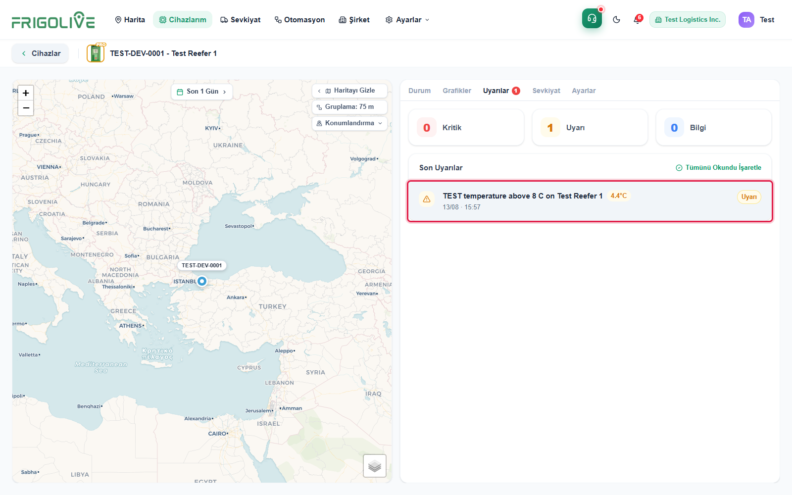 Cihaz detayı — Son Uyarılar listesindeki bir alarm kaydı